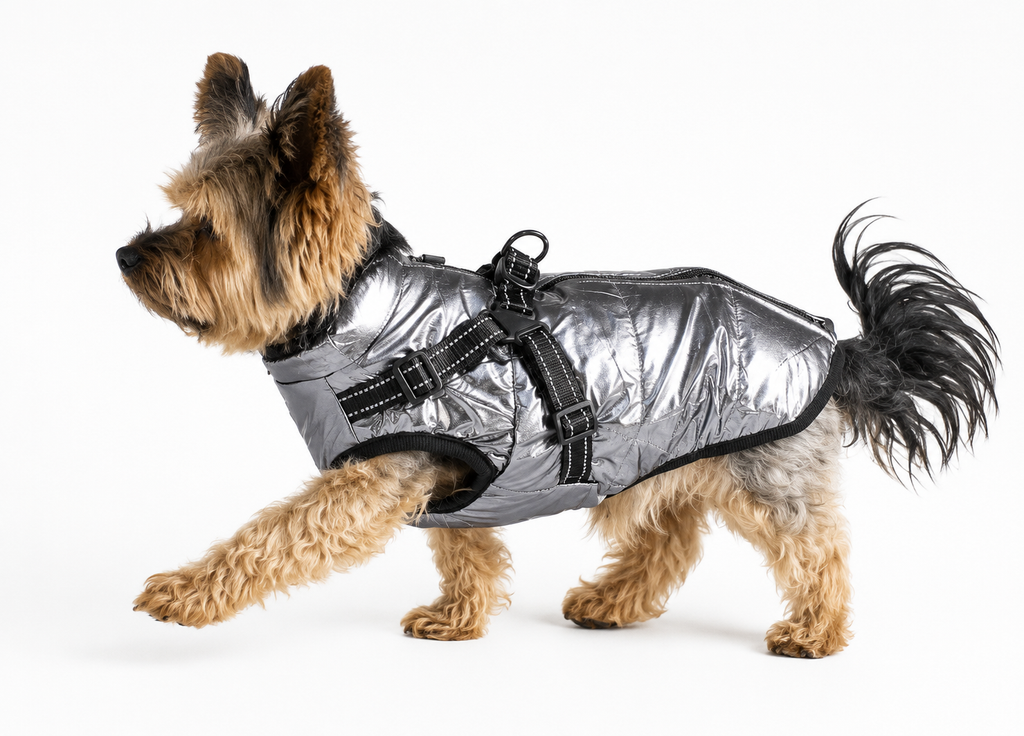 Hundemantel mit Geschirr silber