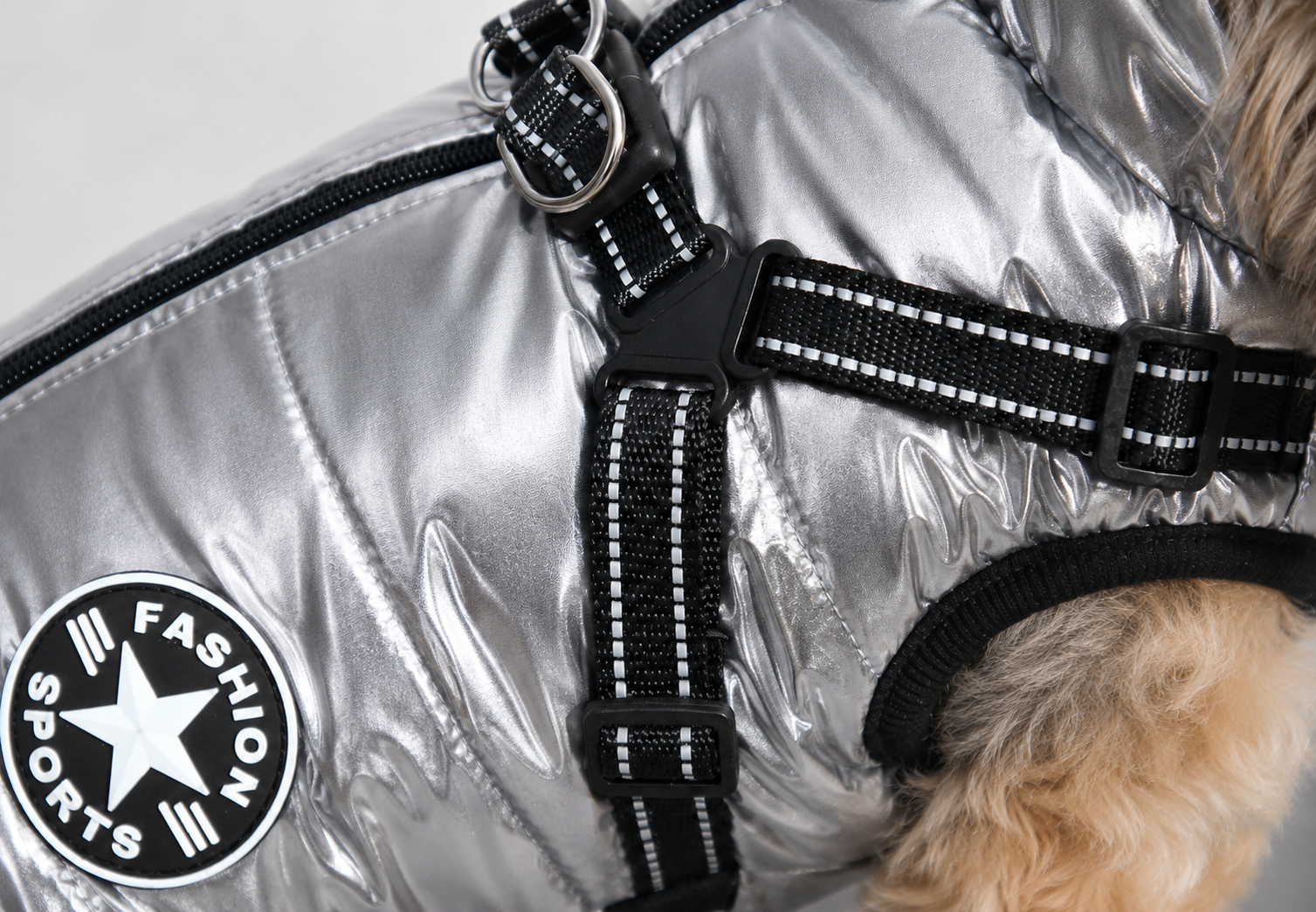 Hundemantel mit Geschirr silber